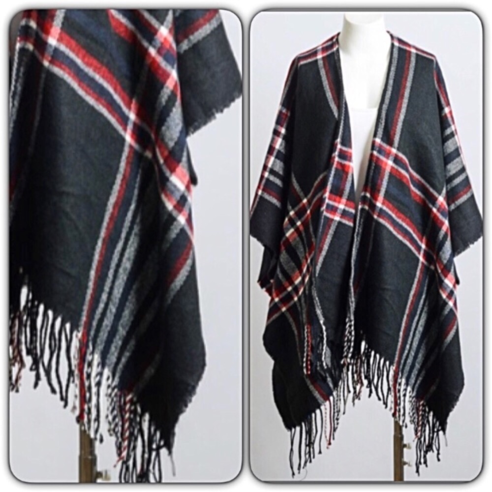 Plaid Cozy Chic Sweater Kimono Wrap O/S - Picture 5 of 8